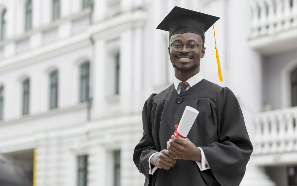 medium shot smiley graduate student